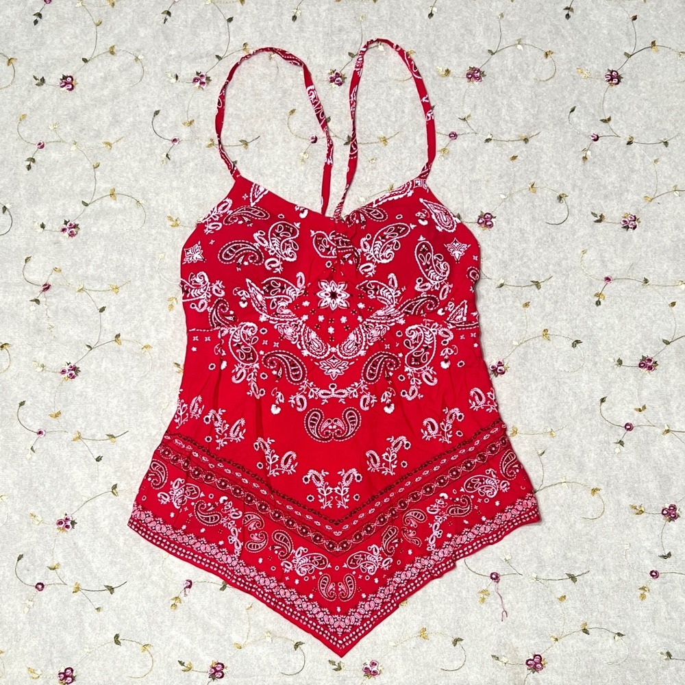 Bandana Print Handkerchief Hem Cami Red No Boundaries Paisley‎ Smocked Small